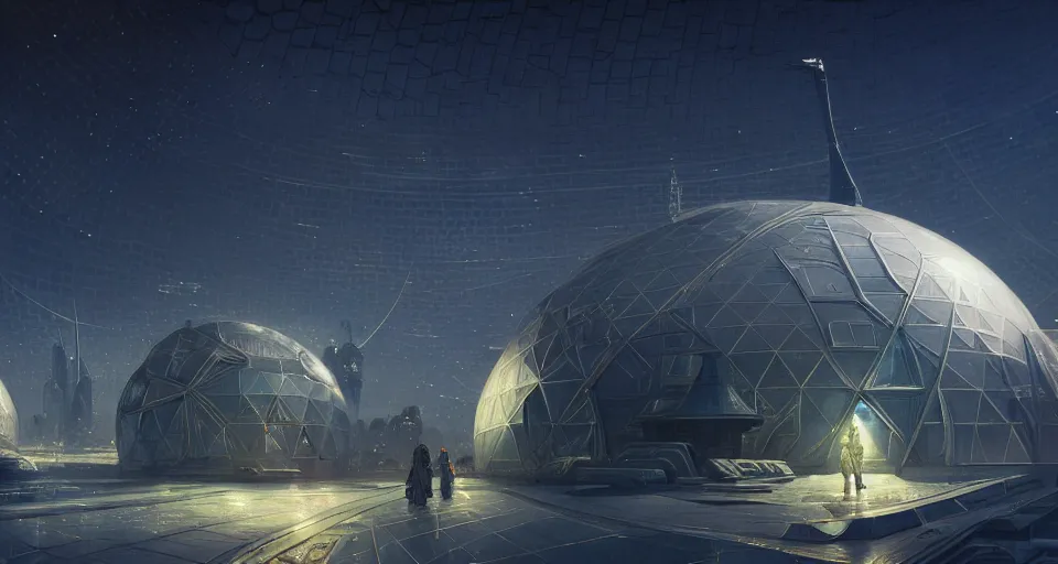 Image similar to cinematic shot, futuristic city on the moon inside a giant geodesic dome, utopian, night, stars, digital painting, artstation, concept art, smooth, sharp focus, illustration, intricate, elegant, highly detailed, in the style of greg rutkowski and alphonse mucha and artemisia, 8 k, highly detailed, jurgens, rutkowski