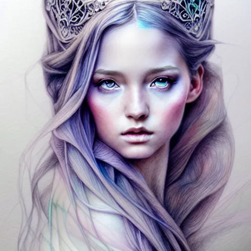 Image similar to hyper realistic pencil drawing of a fantasy princess, muted water color, full portrait, detailed, rim light, diffused, intricate, by anna dittmann