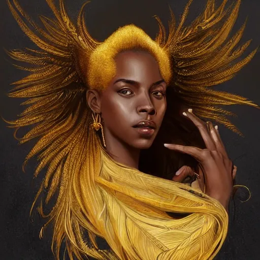 Image similar to a portrait of an attractive young Black female, beautiful long hear, clothed in golden feathers, intricate, elegant, highly detailed, digital painting, trending on artstation, concept art, smooth, sharp focus, illustration, art by artgerm and greg rutkowski and alphonse mucha