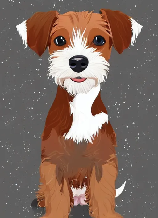 Image similar to a very cute wire haired jack russell terrier puppy. he is white with brown spots and brown patches over both eyes. clean cel shaded vector art. shutterstock. behance hd by lois van baarle, artgerm, helen huang, by makoto shinkai and ilya kuvshinov, rossdraws, illustration, art by ilya kuvshinov