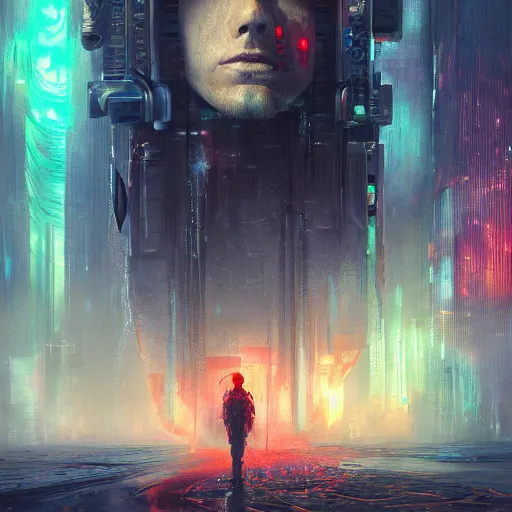 Image similar to an enigmatic and terrifying painting of a cyberpunk portrait by marc simonetti, colour, hyper detail, 8 k, one giant oak, universe, nebula, burst of colour, imaginary, roots, concept art, out of this world, depth, incredible depth