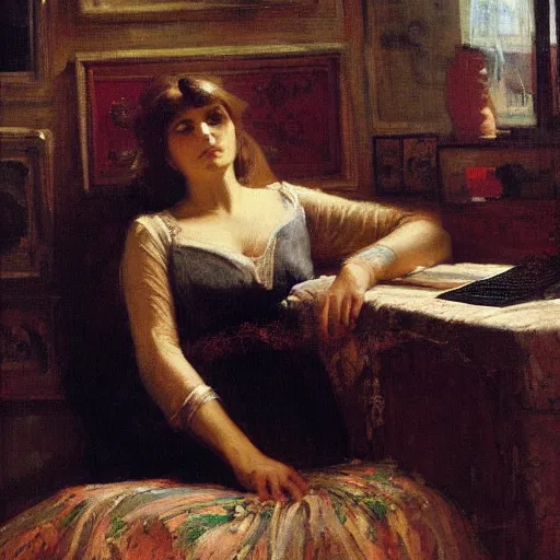 Image similar to painting of a woman contemplating a computer by john - joseph benjamin - constant