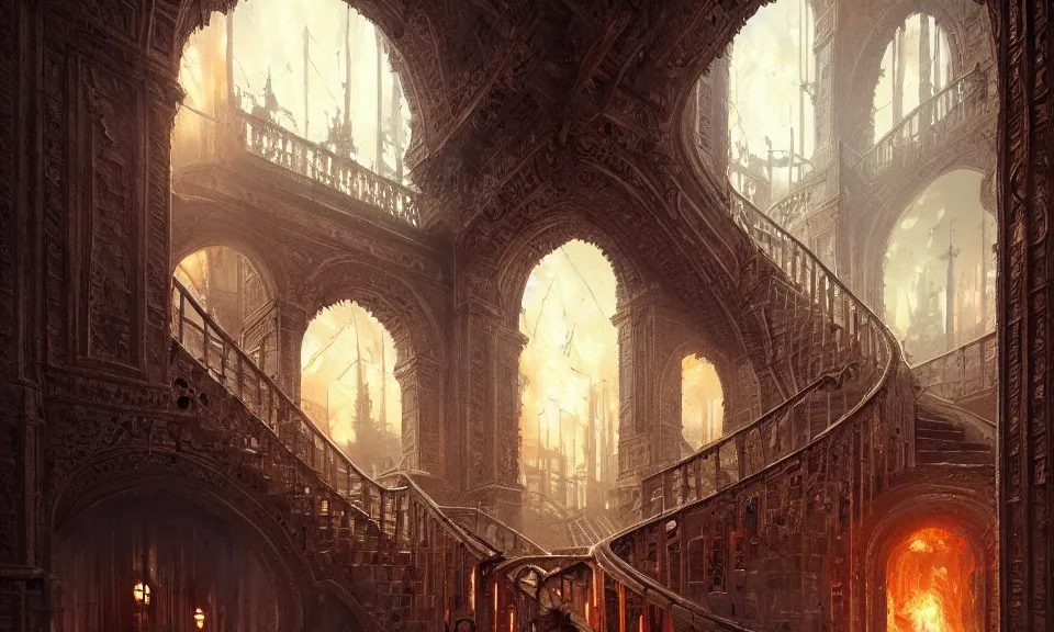 Image similar to stairs from hell to heaven, flames, heavens, beautiful, intricate detail, intricate, epic, vast, digital painting by greg rutkowski, artstation, very detailed, cinematic lighting, concept art