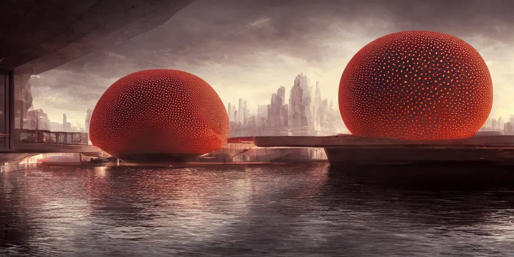 Prompt: An epic architectural rendering of a blob shaped trypophobia house with a mysterious red glow emitting from inside in a modern cityscape next to a river, by Zaha Hadid and Greg Rutkowski, tunning, gorgeous, golden ratio, photorealistic, featured on artstation, 4k resolution