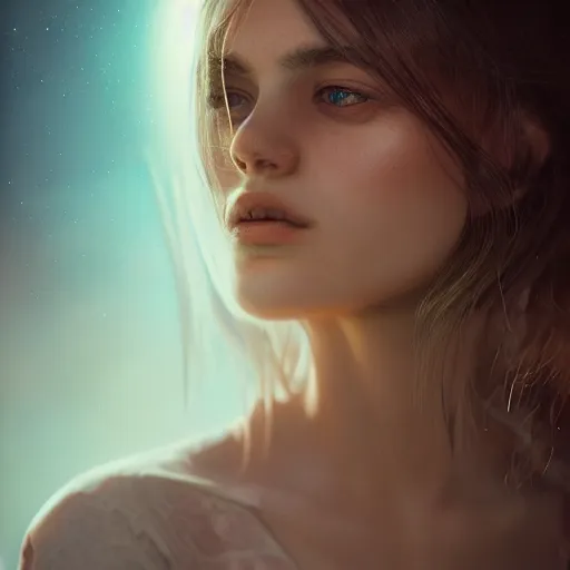 Image similar to portrait art of female angel by alessio albi 8 k ultra realistic, angel wings, lens flare, atmosphere, glow, detailed, intricate, full of colour, cinematic lighting, trending on artstation, 4 k, hyperrealistic, focused, extreme details, unreal engine 5, cinematic, masterpiece