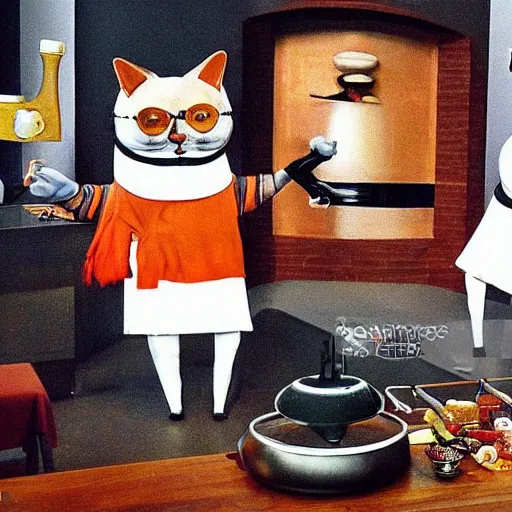 Prompt: anthropomorphic cats chef competing at the Masterchef TV show, by Salvador Dali