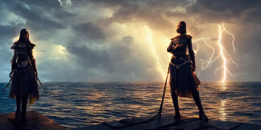 Prompt: epic medieval woman ship pilot standing at the bow of a ship at sea from behind, dramatic dark glowing golden neon sunset with thick wall of lightning storm clouds and violent seas, dynamic lighting, hyperrealistic, hd 4 k, artstation