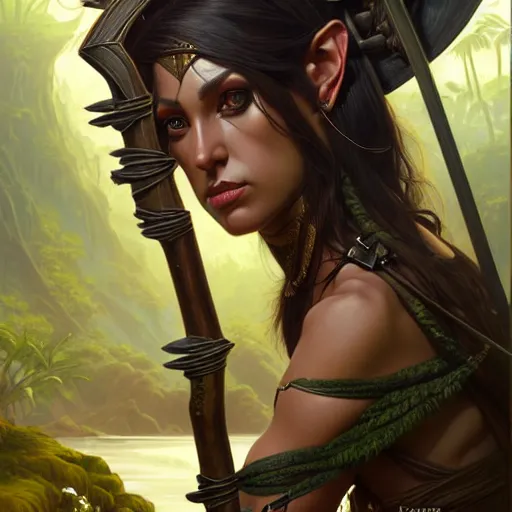 Image similar to portrait of a female dark elf archer, elegant, intricate, full frontal shot, jungle ruins background, highly detailed, digital painting, artstation, concept art, sharp focus, illustration, art by artgerm and greg rutkowski and alphonse mucha