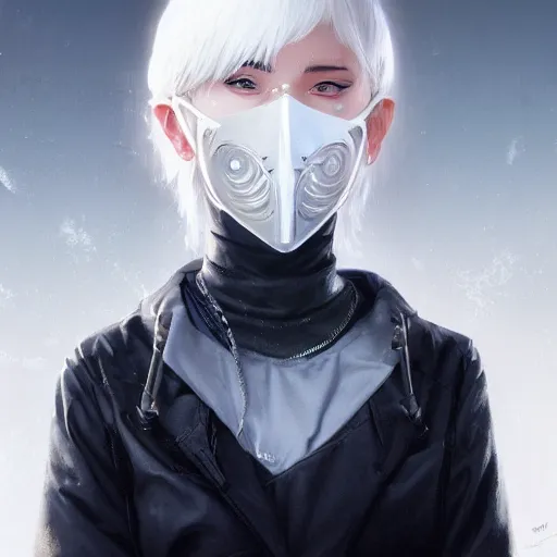 Image similar to very cool girl white hair girl with mask, streetwear, techwear, cyberpunk style outfit, full body, nose piercing, detailed portrait, intricate complexity, by greg rutkowski, artgerm, ross tran, conrad roset, takato yomamoto, ilya kuvshinov. 4 k, beautiful, cinematic dramatic atmosphere