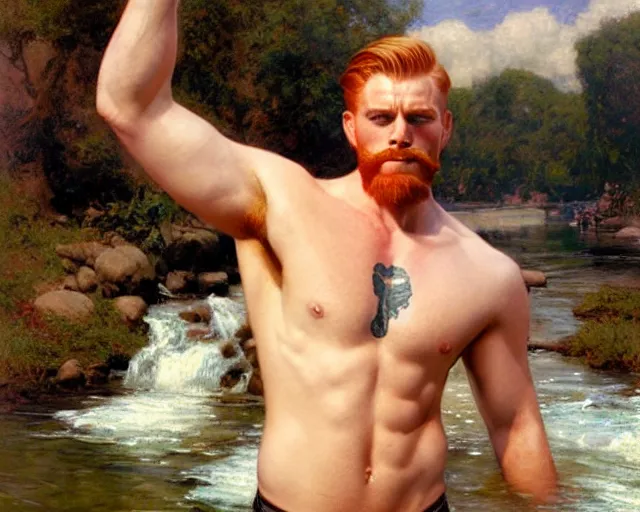 Image similar to handsome tattooed ginger gym bro bathes in the river, painting by artgerm, gaston bussiere, craig mullins, j. c. leyendecker, tom of finland