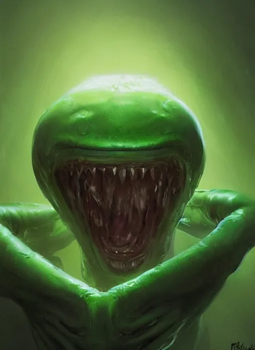 Image similar to hyper realistic portrait of my happy, smiling, waifu cute innocent green amorphous blob, slimy alien creature with adorable uwu eyes, it has several human arms out stretched to grab me. painted by greg rutkowski, wlop,,