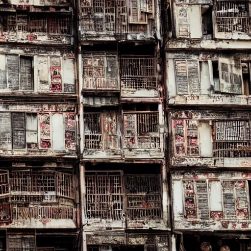 Prompt: Kowloon walled city close-up