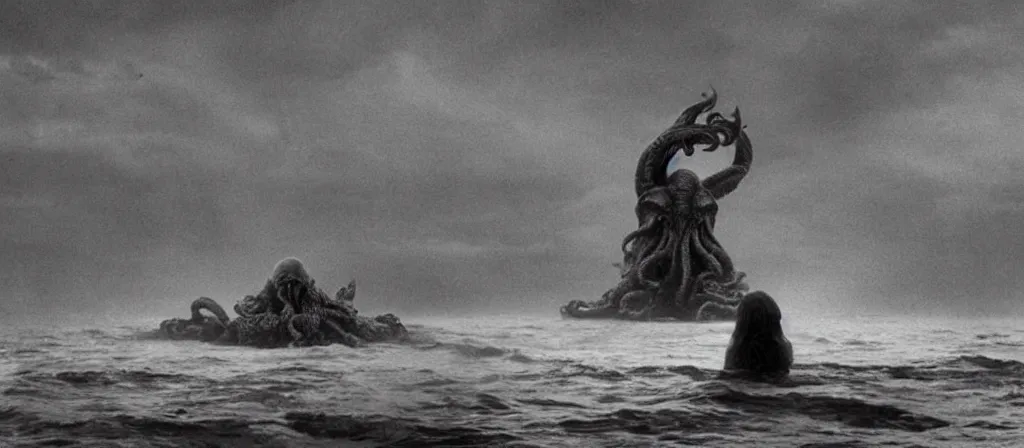 Image similar to A Still of one giant Cthulhu emerged from the ocean, water dripping off him, Cthulhu is gigantic, a tiny boat in the water beneath Cthulhu, you can see this from the beach looking out into a dark a storming ocean, Move shot film, gloomy very misty, Cthulhu is going towards a city, you can see a city next to a beach