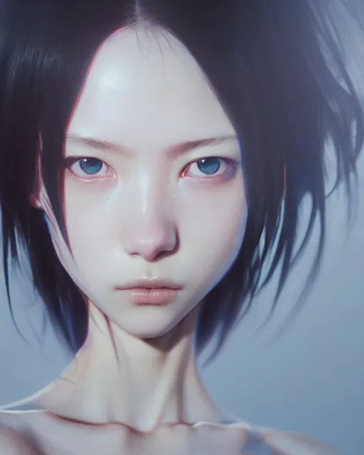 Image similar to really cool complex closeup portrait of a beautiful psychotic loner girl, by katsuhiro otomo, yoshitaka amano, nico tanigawa, artgerm, greg rutkowski makoto shinkai takashi takeuchi rendered with intense 3 d effect, smooth soft shadowing, cinematic lighting, hyperrealistic unreal engine 5 render uhd 8 k