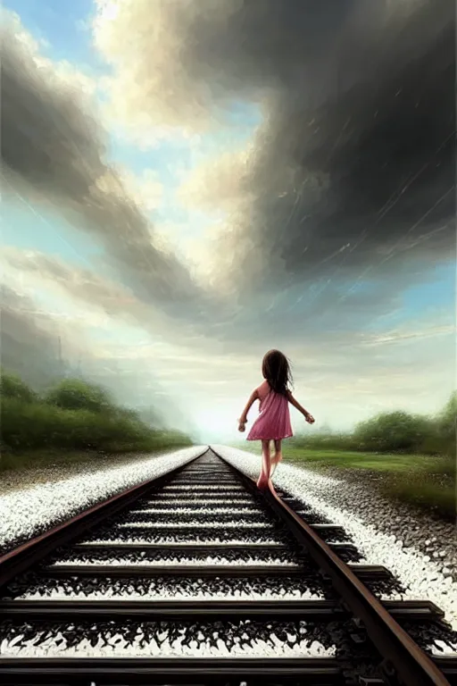 Prompt: on reflective water a barefoot girl carries her shoes, underwater train tracks, there is a train station in the distance and large white clouds on a wide horizon, intricate, elegant, highly detailed, digital photo, artstation, concept art, smooth, sharp focus, low angle photo, art by artgerm and greg rutkowski and fra angelico