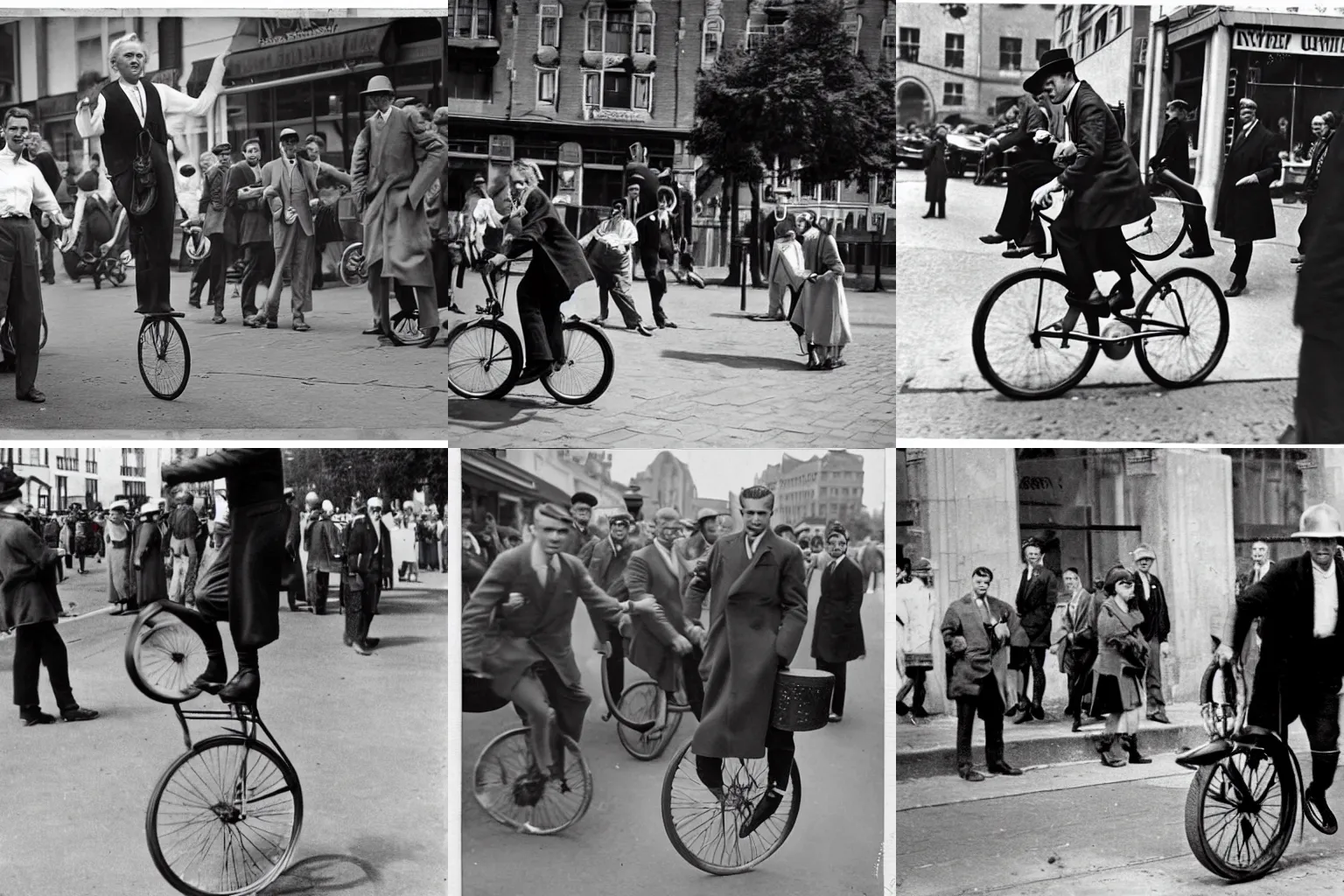 Prompt: 1930 style street photography with Geert Wilders riding a unicycle while bystanders look shocked