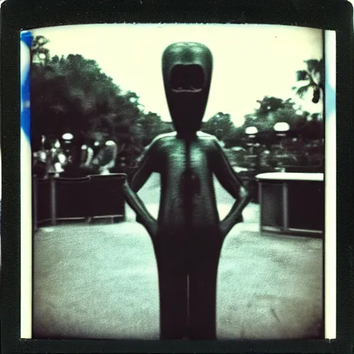 Prompt: an uncanny figure standing at disney world, polaroid, horror, creepy