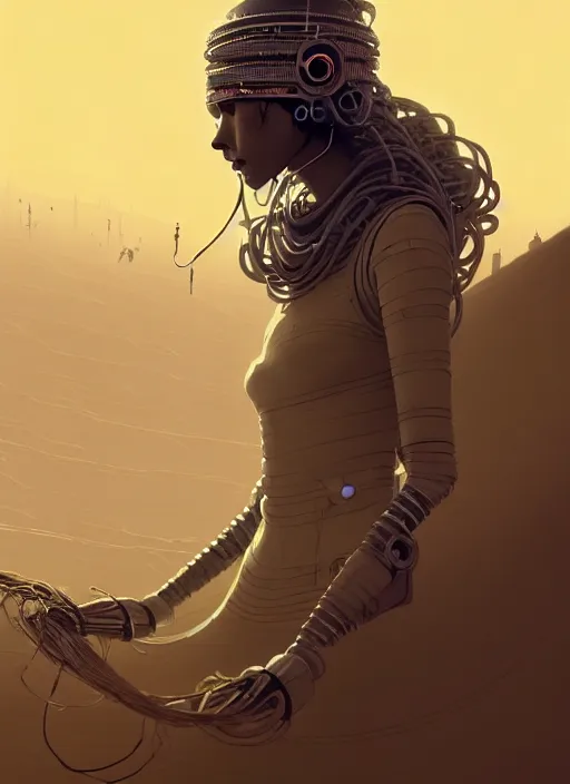 Image similar to highly detailed portrait of a robotoc cyborg long curly white hair nomadic tribal lady, stray wiring by atey ghailan, james gilleard, by joe fenton, by greg rutkowski, by greg tocchini, by kaethe butcher, 4 k resolution, gradient yellow, black and white color scheme!!! ( ( sandstorm robotic pyramid landscape background ) )