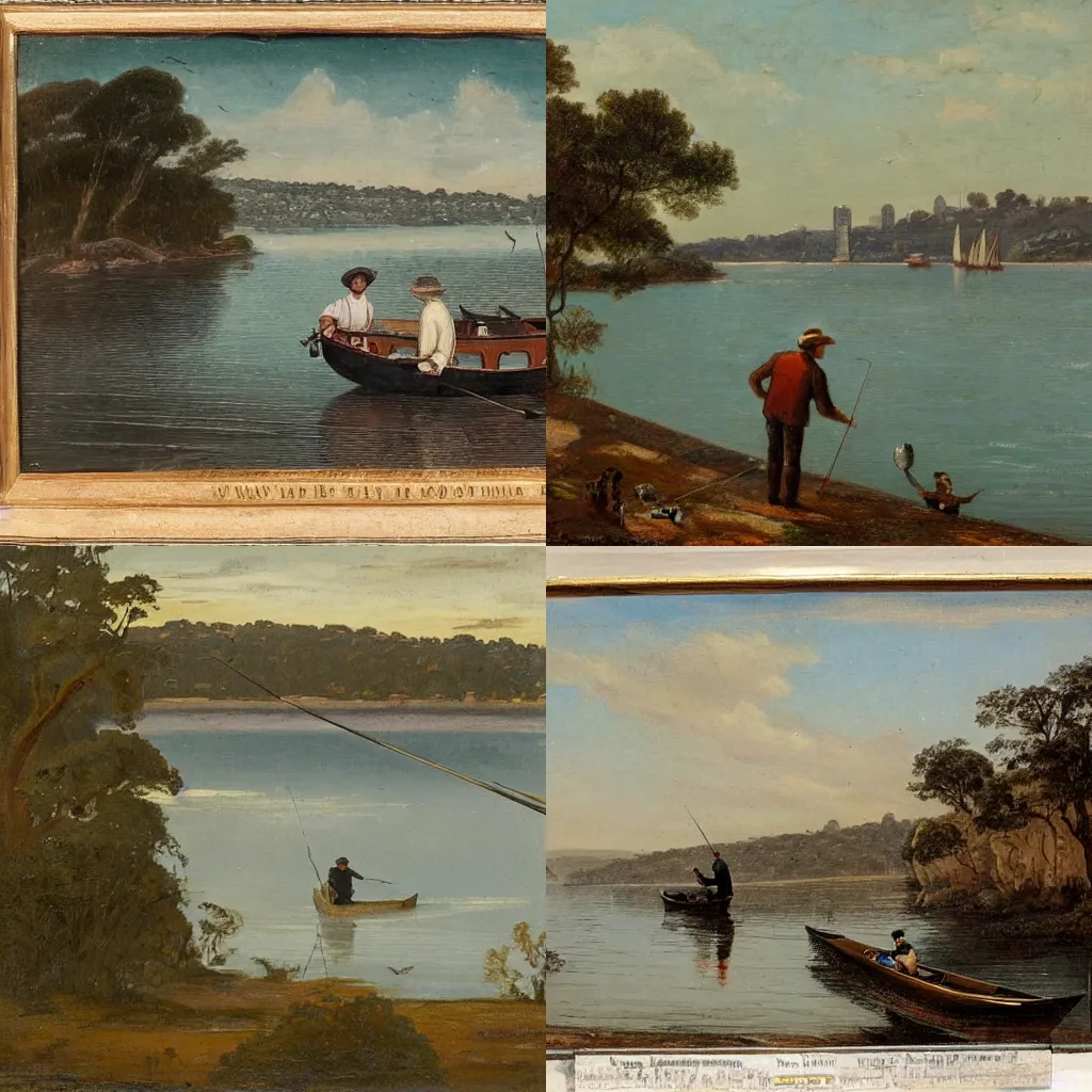 Prompt: a 19th century landscape of a man fishing in a small boat on sydney harbour