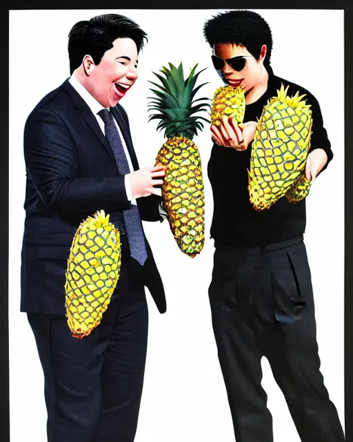 Image similar to Michael Mcintyre & white Michael Jackson eating pineapples in a nightclub,real life skin, intricate, elegant, highly detailed, artstation, concept art, smooth, sharp focus, photo