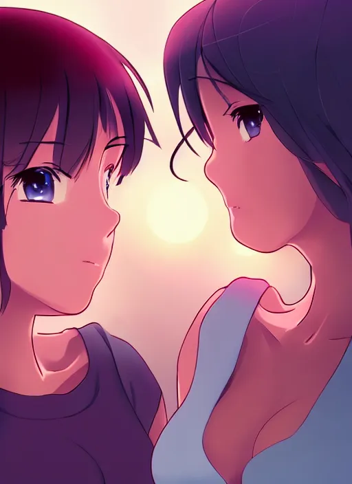 Prompt: two beautiful mothers outside in the evening, tank tops, gorgeous faces, thick lines, cinematic lighting, detailed anime art