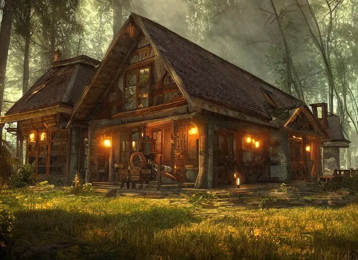 Prompt: house in a clearing in the middle of the forest, beautifully lit, steampunk, witcher cd projekt red