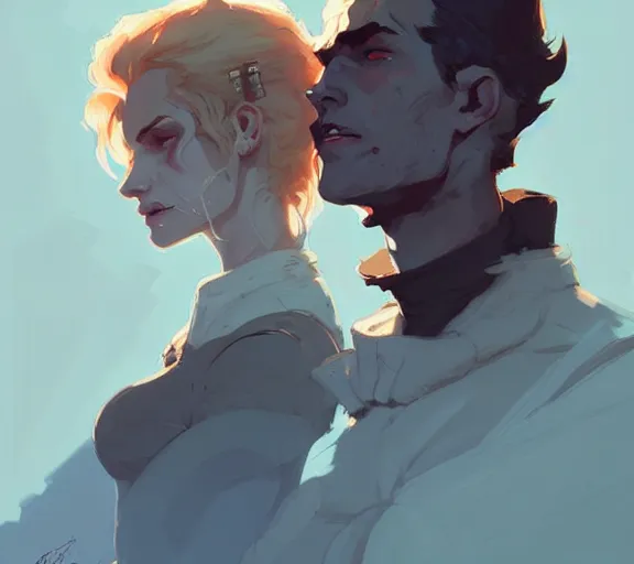 Prompt: portrait cullen and cassandra by atey ghailan, by greg rutkowski, by greg tocchini, by james gilleard, by joe fenton, by kaethe butcher, dynamic lighting, gradient light blue, brown, blonde cream and white color scheme, grunge aesthetic