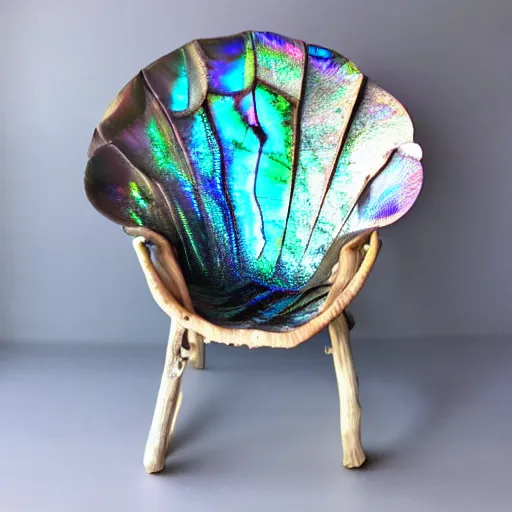 Image similar to beach chair made of large iridescent abalone shell, nacre, driftwood, sunny 35 mm product photo