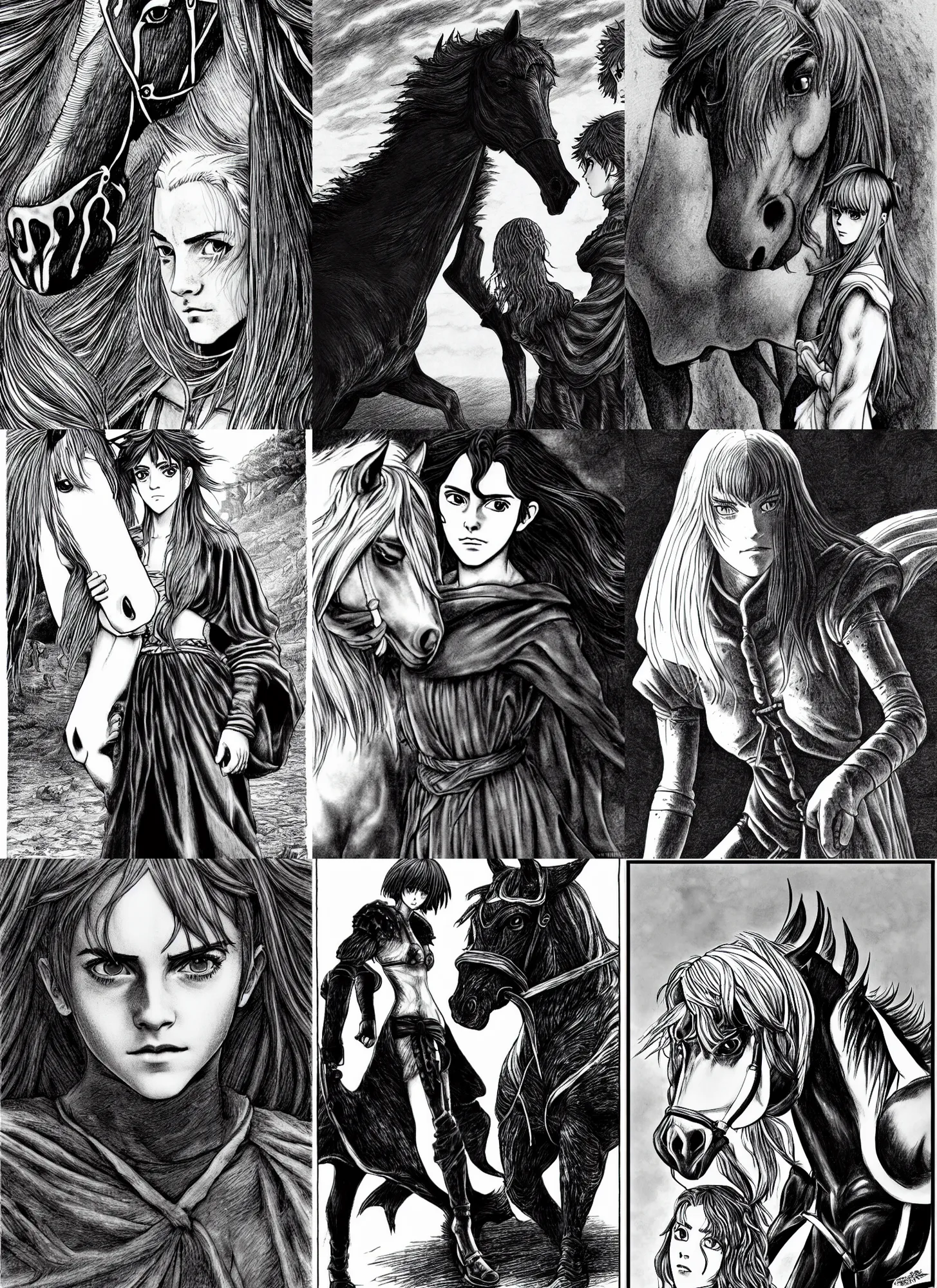 Prompt: Emma Watson meets the horse from Berserk (manga), highly detailed, black and white, manga, art by Kentaro Miura