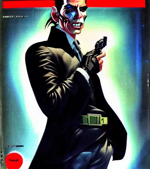 Image similar to a cyberpunk very ugly but sad mafia boss in a suit with slicked back black hair played by christen bale as an elf, 1 9 7 9 omni magazine cover, style by vincent di fate, artgerm, very coherent, hyper detailed, 4 k resolution, bright, unreal engine, daz