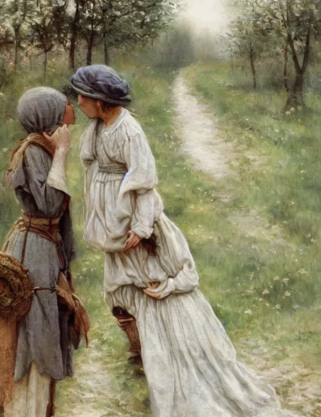 Image similar to peasant boy and girl first kiss, on a village, Cinematic focus, Polaroid photo, vintage, neutral colors, soft lights, foggy, by Steve Hanks, by Serov Valentin, by lisa yuskavage, by Andrei Tarkovsky 8k render, detailed, oil on canvas