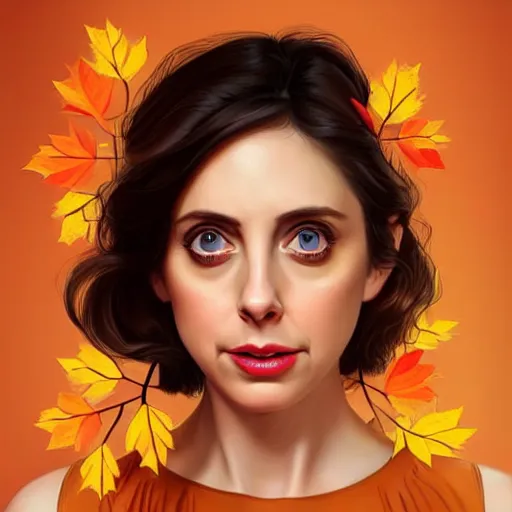 Image similar to gorgeous young Alison Brie, realistic character concept, full body, autumn leaves, orange yellow, medium shot, shorter neck, illustration, symmetrical face and body, realistic eyes, cinematic lighting, detailed realistic symmetrical eyes, symmetrical nose, symmetrical pupils, symmetrical nostrils, face by artgerm, symmetrical nose, high resolution, Don Bluth, Joshua Middleton, Charlie Bowater, Tom Bagshaw, single face, insanely detailed and intricate, beautiful