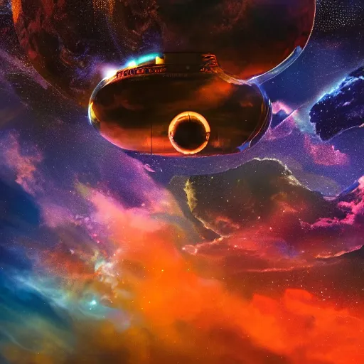 Image similar to big mechatronic spaceship tube with glowing lights flying in big fluffy clouds, cinematic light, epic scene, god rays, 8 k, high detailed ornaments, liquid marbling acrylic abstract art, artstation, comics style, sunset, magic hour, golden hour, strathosphere, nebula sky, milkyway