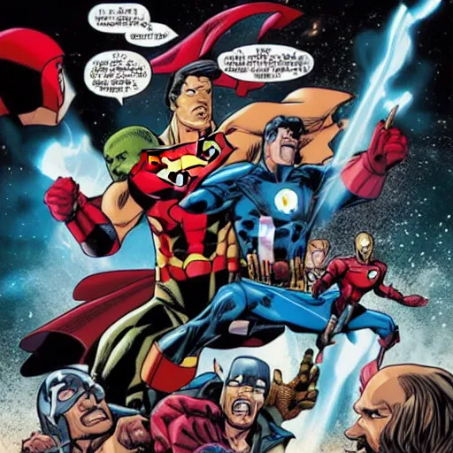 Image similar to The avengers having a epic battle with the justice League