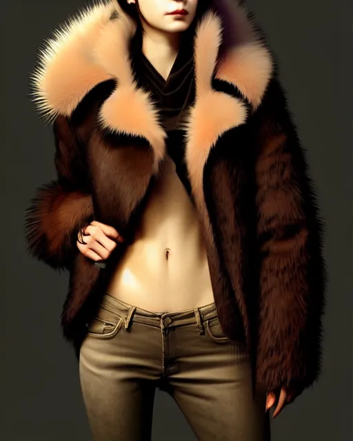 Image similar to fur - lined dragonhide jacket!!! beautiful and elegant female!! gorgeous ayes!! character concept art, sharp focus, illustration, artgerm!! greg rutkowski! wlop!! ilya kuvshinov!! charlie bowater! octane render! unreal engine 5! highly rendered!! trending on artstation!! cgi vfx!