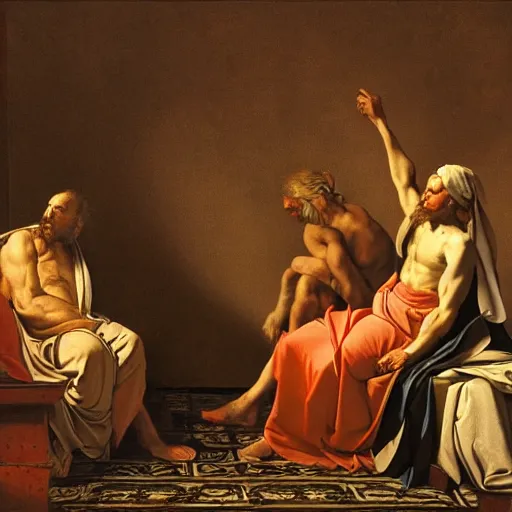 Image similar to epic masterpiece three Wiseman from the east slaves of history unholy, in the style of David Geddes, Jacques-Louis David, Caravaggio, Élisabeth Vigée Le Brun, dramatic lighting, establishing shot, detailed and clear beautiful realistic faces, 8k resolution – W 1024