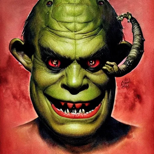 Image similar to horror monster makeup grinning one-eyed grimpunk vile reprobate portrait portrait Cyclops Cyclops Polyphemus shrek with tombow norman rockwell greg rutkowski frank frazetta alexandre briclot Dave Dorman splatterpaint