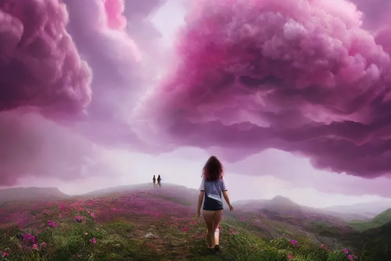 Image similar to giant dahlia flower crown under head, girl walking on mountain, surreal photography, pink storm clouds, dramatic light, impressionist painting, digital painting, artstation, simon stalenhag