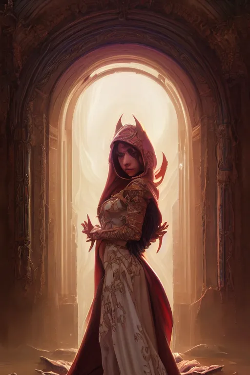 Image similar to painting of a shy hooded noon succubus in front of a dimensional portal, decorated, intricate, elegant, highly detailed, digital painting, artstation, concept art, smooth, sharp focus, illustration, art by artgerm and greg rutkowski and alphonse mucha, 8 k