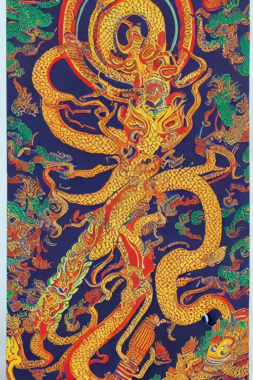 Prompt: naga art, mythical serpent southeast asian legends, thai traditional painting, royal thai art, guardian at the temple, garuda eagle, thai folklore, buddhist painting, thai dragon paintings by Chalermchai Kositpipat, Kittichai Rueangchaichan