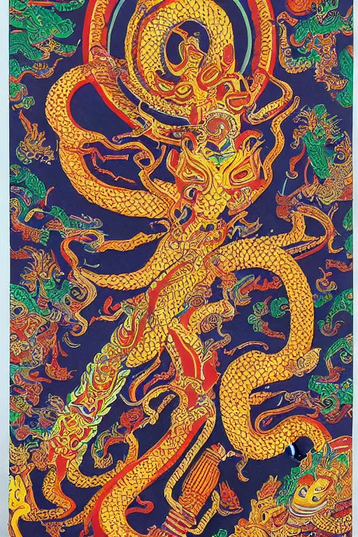 Image similar to naga art, mythical serpent southeast asian legends, thai traditional painting, royal thai art, guardian at the temple, garuda eagle, thai folklore, buddhist painting, thai dragon paintings by Chalermchai Kositpipat, Kittichai Rueangchaichan
