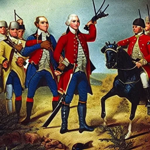 Image similar to joe rogan, george washington, keanu reeves, with ak 4 7 and ar 1 5 s fighting against the redcoats in the revolutionary war