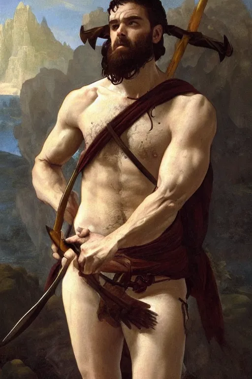 Image similar to renaissance painting full body portrait of a gruff ranger with a spear, lean and toned, handsome face, hairy chest and hairy body, D&D, intricate, elegant, highly detailed, digital painting, artstation, concept art, matte, sharp focus, chiaroscuro, well list, illustration, art by Artgerm and Greg Rutkowski and Alphonse Mucha