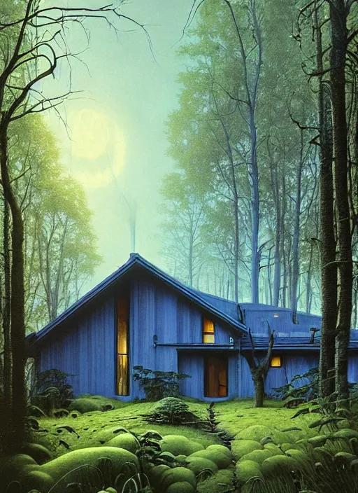 Image similar to hyper realistic witchy modern house with mood lighting and technology in the woods gorgeous lighting, blue sky, highly detailed, lush forest foliage painting by zdzisław beksinski and norman rockwell and greg rutkowski weta studio, and lucasfilm