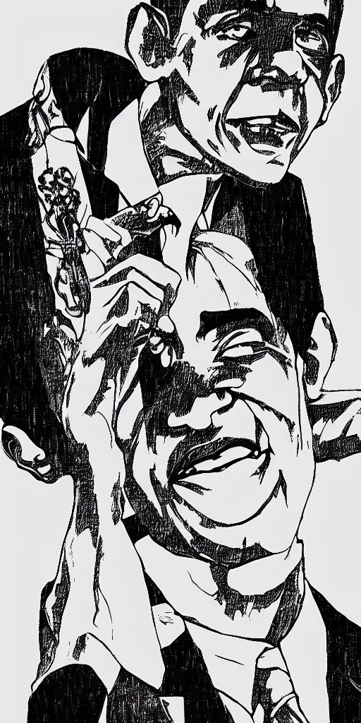 Prompt: barack obama as a manga character, [ fukumoto, drawn ]