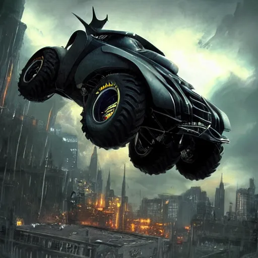 Prompt: a batman monster truck, dramatic lighting, cinematic, establishing shot, extremely high detail, photo realistic, cinematic lighting, post processed, concept art, artstation, matte painting, style by eddie mendoza, raphael lacoste, alex ross