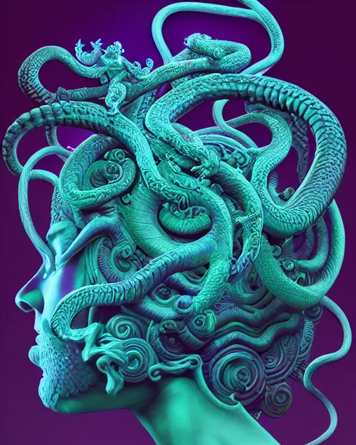 Image similar to 3 d ornate carved medusa with profile portrait, sigma 5 0 0 mm f / 5. beautiful intricate highly detailed quetzalcoatl skull. bioluminescent, plasma, lava, ice, water, wind, creature, thunderstorm! artwork by tooth wu and wlop and beeple and greg rutkowski, 8 k trending on artstation