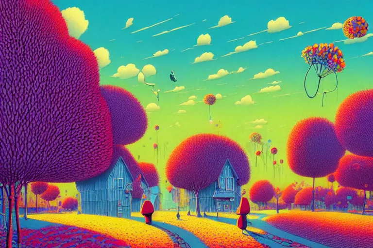 Image similar to midjourney, summer morning, very coherent and colorful high contrast, art by!!!! gediminas pranckevicius!!!!, geof darrow, floralpunk screen printing woodblock, dark shadows, hard lighting, stipple brush technique,