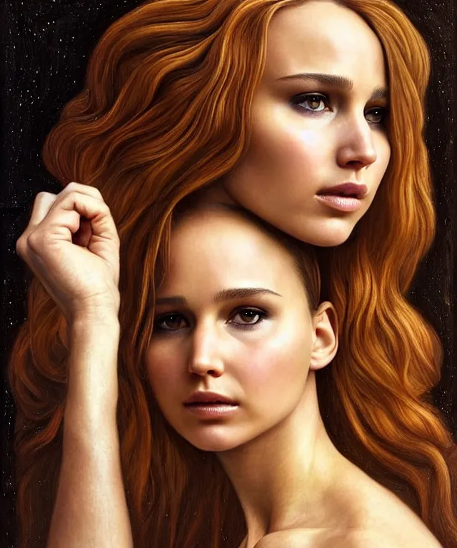 Image similar to half nathalie portman half Jennifer lawrence a fantasy magic woman portrait by Sandro Botticelli, oil painting masterpiece, sci-fi, amber eyes, face, long hair, fantasy, intricate, elegant, highly detailed, digital painting, artstation, concept art, smooth, sharp focus, illustration, art by artgerm and greg rutkowski and alphonse mucha