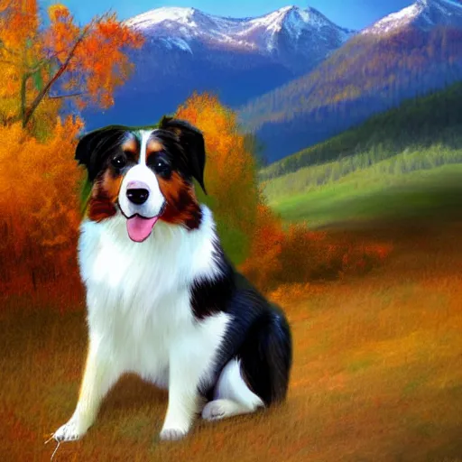 Image similar to Australian Shepard sitting on a rocking chair playing the banjo in the colorado mountains in fall with changing leaves all around ,artstation